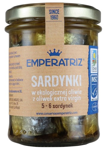 Sardynki Europejskie w BIO Oliwie z Oliwek Extra Virgin 190 g (133 g) Słoik Emperatriz