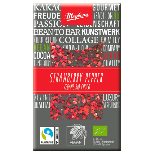 Czekolada Gorzka z Truskawkami i Pieprzem Fair Trade BIO 30g Meybona