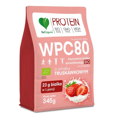 Białko Serwatkowe o Smaku Truskawkowym (Koncentrat WPC 80) Bez Dodatku Cukrów BIO 345g Be Organic