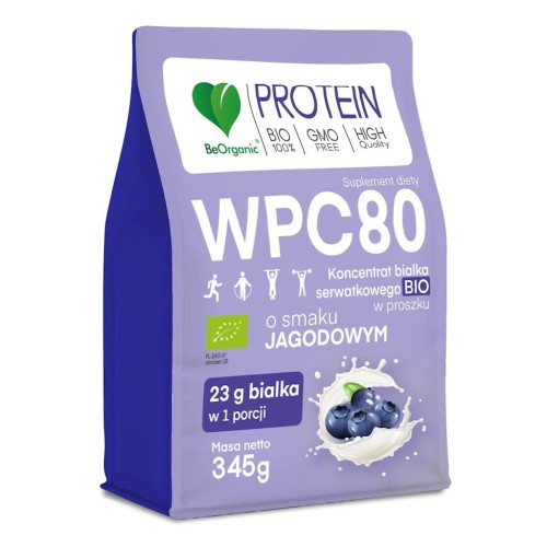 Białko Serwatkowe o Smaku Jagodowym (Koncentrat WPC 80) Bez Dodatku Cukrów BIO 345g Be Organic