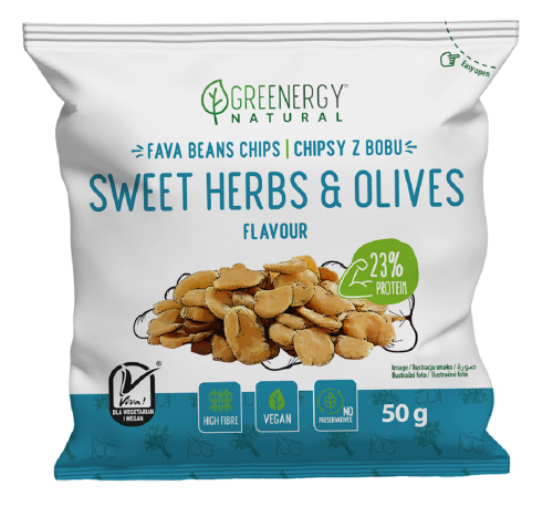 Bób Prażony o Smaku Słodkich Ziół i Oliwek 50 g Greenergy